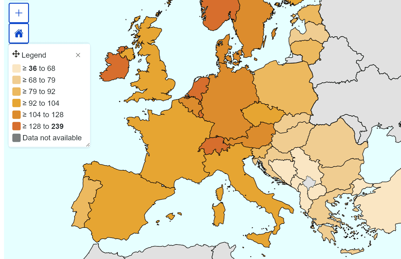 Gráfica de comparativa del PIB per cápita en Paridad de Poder Adquisitivo en la UE
